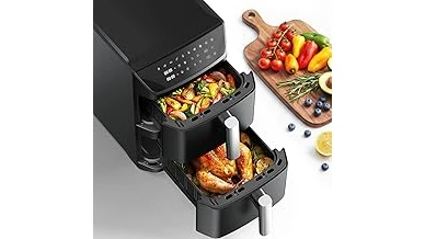 This image shows two modern dual basket air fryers side-by-side, perfect for cooking multiple foods.