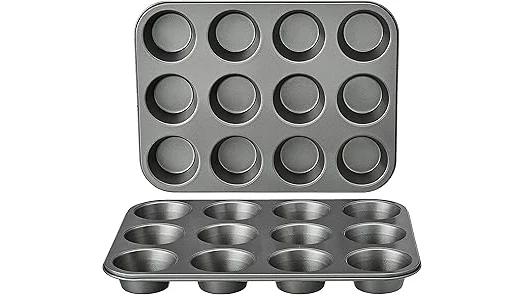 The image shows a collection of five different air fryer muffin pans, ready for baking.