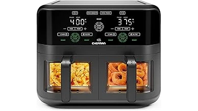 The image shows five sleek air fryers arranged attractively, perfect for a two-adult household.