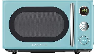 The image shows a collection of five stylish blue microwaves, highlighting the best options.