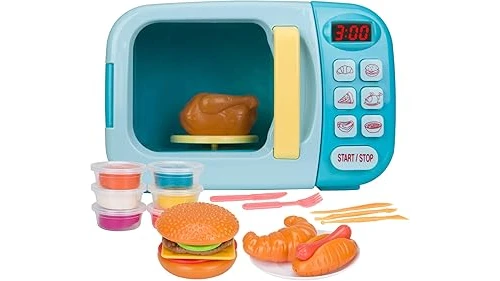 The image shows a selection of colorful, child-friendly microwaves perfect for toddler kitchens.