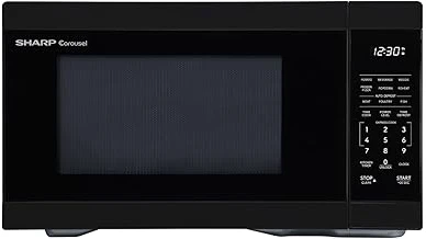 The image shows a sleek, modern mid-size microwave, perfect for any kitchen setting.