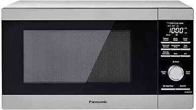 The image shows a sleek, modern kitchen counter featuring several Panasonic inverter microwaves.