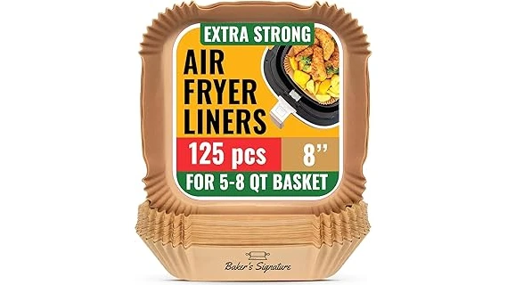 The image shows a stack of round, perforated parchment liners, perfect for air fryer baskets.