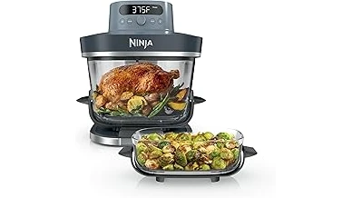 This image shows a collection of sleek, modern countertop air fryers arranged attractively.