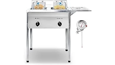 The image shows a clean outdoor kitchen setup with several popular air fryers.
