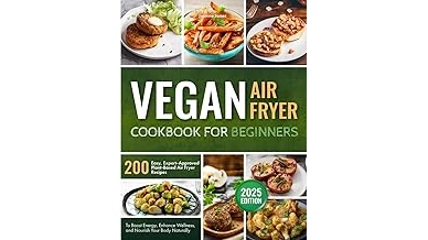 The image shows a sleek, modern air fryer with a basket full of colorful roasted vegetables, ideal for vegan cooking.