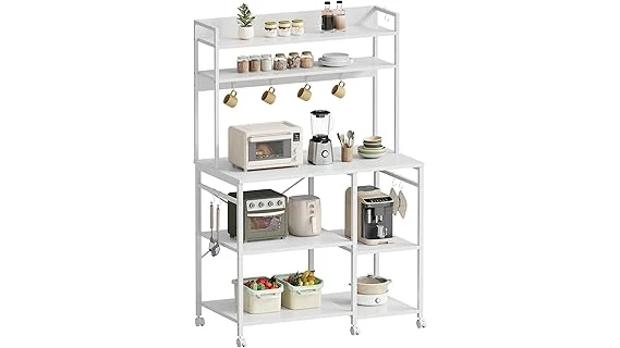 The image shows a collection of stylish bakers racks designed to organize kitchen spaces and hold microwaves.