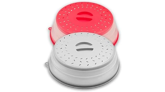 The image shows a collection of five popular microwavable food covers stacked together.