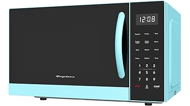 The image shows five sleek, blue-colored microwave ovens, highlighting best-selling models for your kitchen.