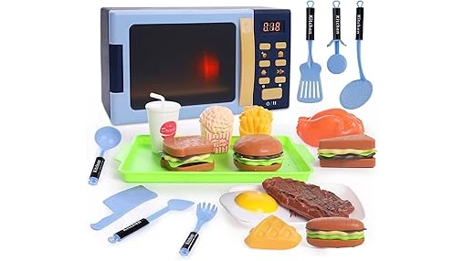 The image shows a colorful collection of top-selling toy microwaves perfect for imaginative play.