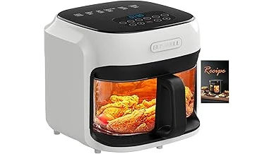 The image shows five clear glass air fryer baskets and accessories.