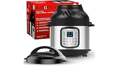 The image shows a kitchen counter displaying a popular air fryer Instant Pot combo appliance.