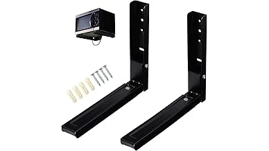 The image shows five sleek, modern hanging microwaves mounted below kitchen cabinets.