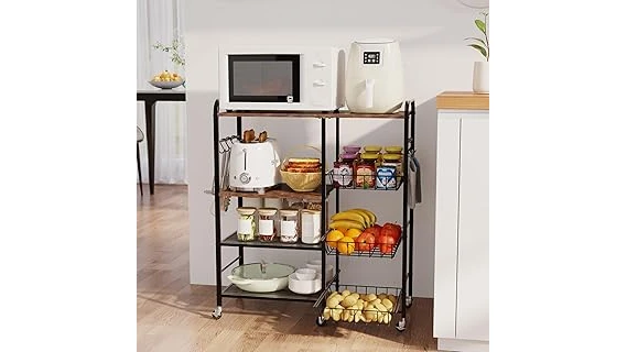The image shows a stylish kitchen cart holding a microwave, part of a selection of popular kitchen carts.