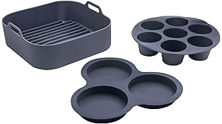 The image shows a selection of various air fryer accessories and cookware items.