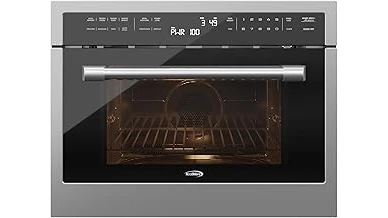 The image shows a sleek modern appliance combining air frying and microwave functions, perfect for quick meals.