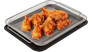 The image shows a collection of various air fryer oven pans, ready for cooking.