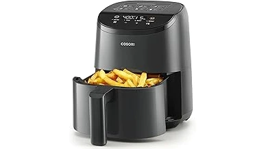 The image shows a sleek, compact air fryer, highlighting top choices for single servings.