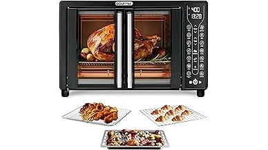 The image shows five different air fryer models arranged attractively on a kitchen counter.