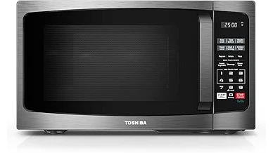 The image shows a modern, compact microwave on a kitchen counter, perfect for small spaces.