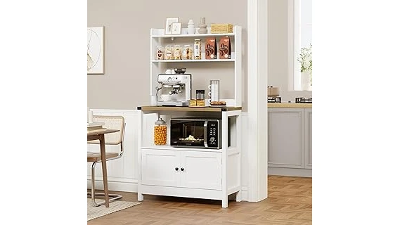 The image shows a sleek countertop microwave oven, highlighting a stylish kitchen cabinet design.