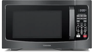 The image shows five stylish microwaves arranged neatly on a kitchen counter.