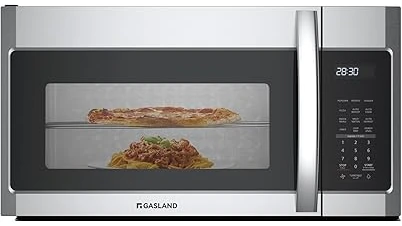 The image shows five sleek, 30-inch over-the-range microwaves arranged attractively for a comparison.