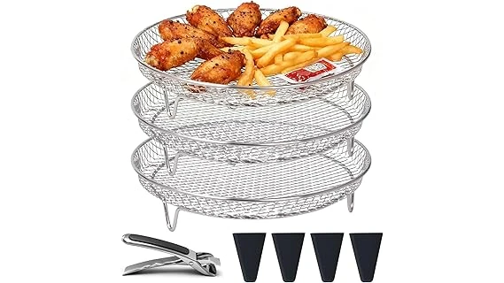 The image shows a Top Rated 5 Air Fryer Jerky Rack loaded with strips of jerky.