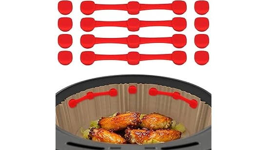 The image shows a collection of five decorative magnets designed for air fryer appliances.