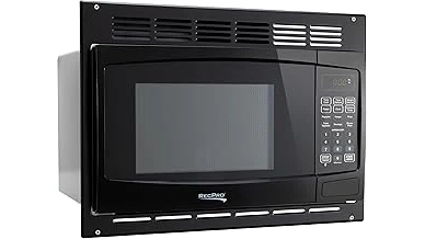 The image shows a clean, modern microwave oven displayed on a countertop, ideal for campers.
