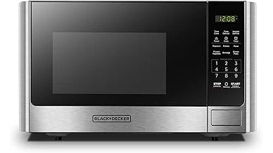This image shows a collection of five sleek, black kitchen countertop microwave ovens.